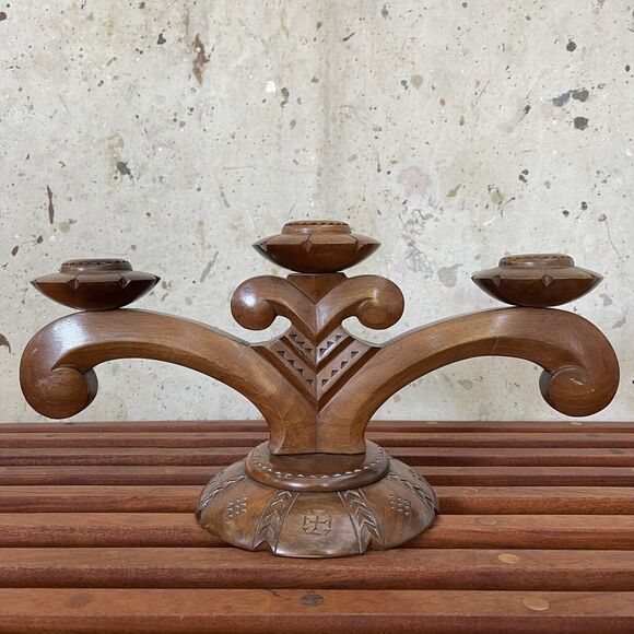 Vintage European Hand Carved Wooden Candelabra - Picture 3 of 10